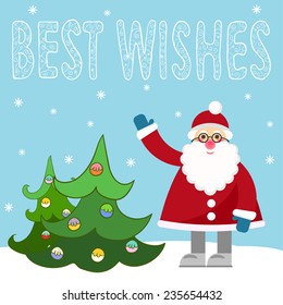 funny cartoon winter holidays greeting card with Santa Claus, spruce and with best wishes on blue background