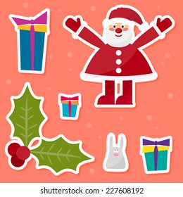 funny cartoon winter holidays set with cute Santa Claus,rabbit, branch of Holly and gifts on the red background