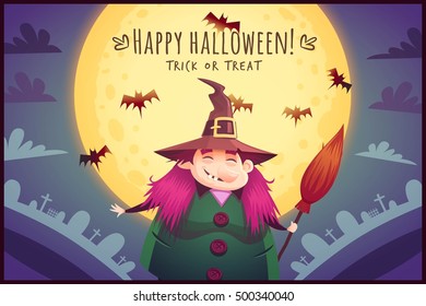 Funny cartoon witch with broom and boiling cauldron on full moon sky background Happy Halloween poster Trick or treat greeting card Vector illustration