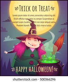 Funny cartoon witch with broom and boiling cauldron on full moon sky background Happy Halloween poster Trick or treat greeting card Vector illustration