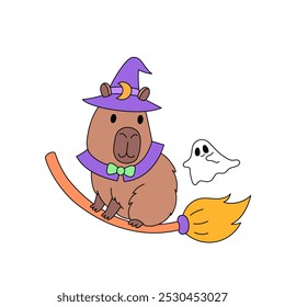 Divertida bruja de dibujos animados capibara en palo de escoba con lindo fantasma. Сlipart sobre el tema de los cuentos de hadas y la magia. Elemento de diseño para las vacaciones de octubre de Halloween. Ilustración vectorial 