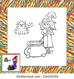 Funny cartoon witch with cat dot to dot. Vector illustration for children