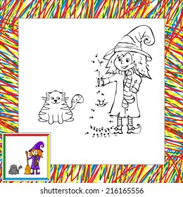 Funny cartoon witch dot to dot. Vector illustration set for children