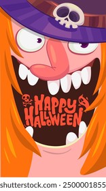 Funny cartoon witch face avatar. Halloween vector.