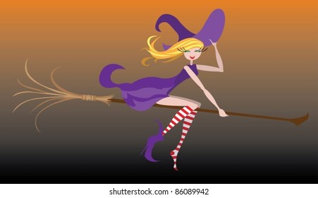 Funny cartoon witch fly on a broomstick