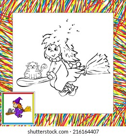 Funny cartoon witch flying with cat dot to dot. Vector illustration for children