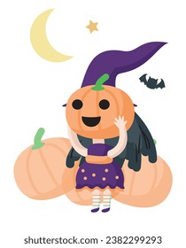 Funny cartoon witch girl character holding creepy carved pumpkin front of face vector illustration. Trick or treat, Halloween holiday party celebration concept