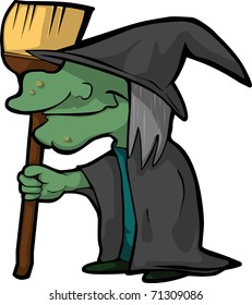 A funny cartoon Witch with her Broom in Halloween Time vector Illustration