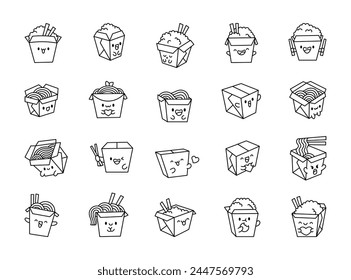 Funny cartoon wok box with Asian food. Coloring Page. Noodle and rice. Kawaii character. Hand drawn style. Vector drawing. Collection of design elements.