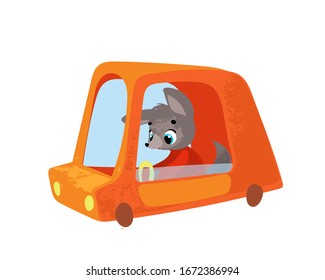 Funny cartoon wolf in car. Vector illustration for t-shirt prints, children books, greeting cards, posters, stickers or decor