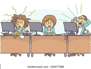 Funny Cartoon Of Woman With Bad Coworkers At Office, One Is Sloppy And Untidy, Stinking, And Other Is Loud. Vector Cartoon Of Bad Coworker Situation At Work. Bad Behavior At Work.
