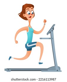 Funny cartoon woman exercising on a treadmill. Vector illustration dedicated to sports and a healthy lifestyle.   Isolated on white background.