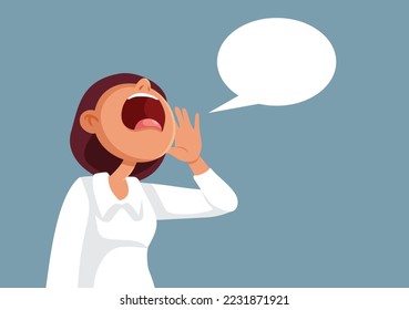 
Funny Cartoon Woman Screaming Out Loud Vector Illustration. Professional office worker speaking her message loud and clear 
