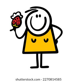 Funny  cartoon woman with tasty strawberry and cream dessert cake. Vector illustration of food.