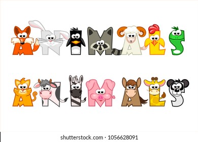 Funny cartoon word animals, vector set funny letters