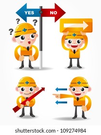 funny cartoon worker icon set with arrow board