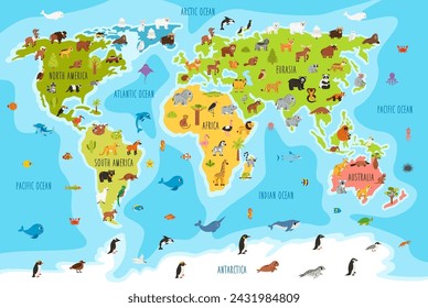 Funny cartoon world map with animals. Vector Illustration of a World Map with Animals for kids