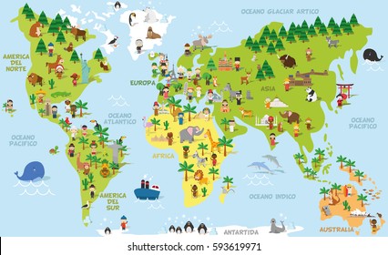Funny cartoon world map with children of different nationalities, animals and monuments of all the continents and oceans. Names in spanish. Vector illustration for preschool education and kids design.