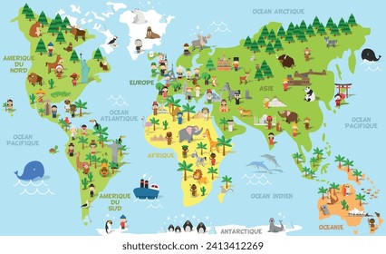 Funny cartoon world map with childrens of different nationalities, animals and monuments of all the continents and oceans. Names in french. Vector illustration for preschool education and kids design.