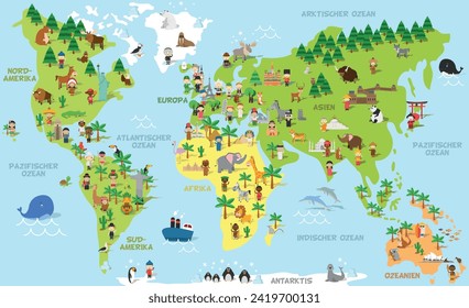 Funny cartoon world map with childrens of different nationalities, animals and monuments of all the continents and oceans. Names in german. Vector illustration for preschool education and kids design.