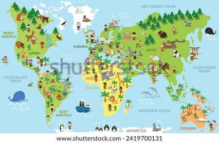 Funny cartoon world map with childrens of different nationalities, animals and monuments of all the continents and oceans. Names in german. Vector illustration for preschool education and kids design.