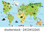 Funny cartoon world map in french with traditional animals of all the continents and oceans. Vector illustration for preschool education and kids design