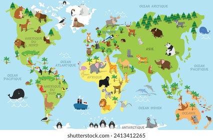 Funny cartoon world map in french with traditional animals of all the continents and oceans. Vector illustration for preschool education and kids design