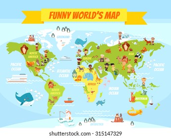 Funny cartoon world map with people of various nationalities and animals. Vector illustration for preschool education and kids design