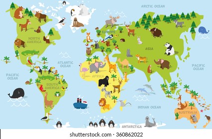 Gracioso mapa del mundo con animales tradicionales de todos los continentes y océanos. Ilustración vectorial para la educación preescolar y el diseño infantil