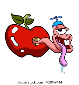 Funny cartoon worm in the apple