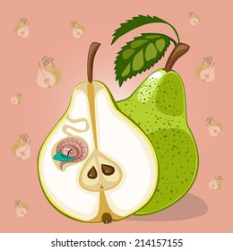 Funny cartoon worm character in apple hole