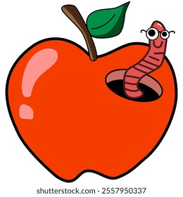 Funny cartoon worm coming out of a red apple