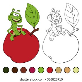 Funny cartoon worm coming out of an apple. Coloring book