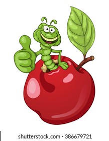 Funny cartoon worm coming out of an apple and shows his thumb with approval