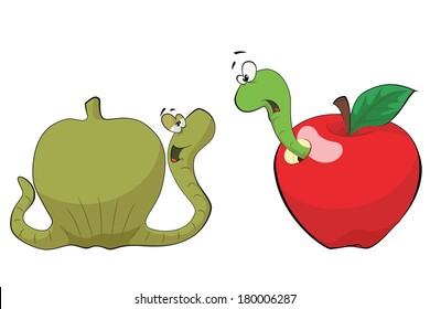 Funny cartoon worms and apples