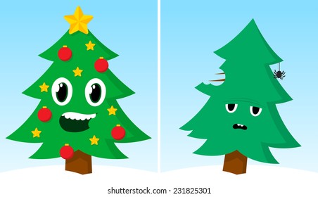 Funny cartoon Xmas card with two Christmas trees, one happy and decorated with traditional ornaments as stars and baubles and one simple and solitary with a sad facial expression