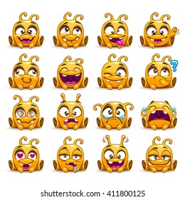 Funny cartoon yellow alien character emoticons set, isolated on white, vector emotions stickers