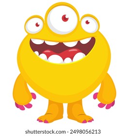 Funny cartoon yellow alien with three eyes illustration. Vector isolated.