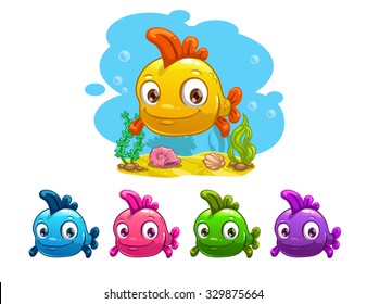 Funny cartoon yellow baby fish, different colors variation, vector illustration