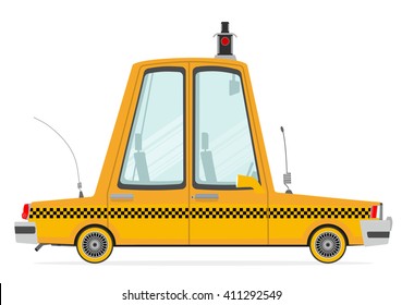 Funny cartoon yellow cab on a white background. Flat vector