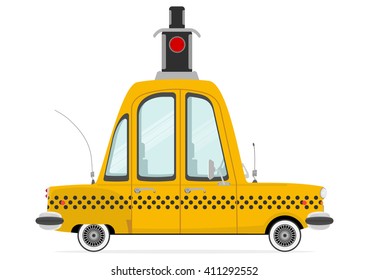Funny cartoon yellow cab on a white background. Flat vector