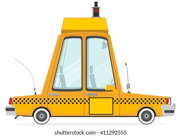 Funny cartoon yellow cab on a white background. Flat vector