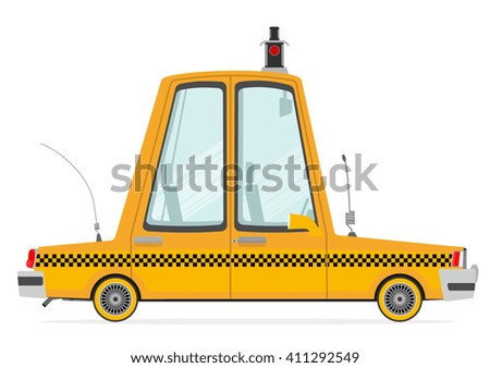 Funny cartoon yellow cab on a white background. Flat vector