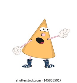 Funny cartoon yellow cone with eyes, arms and legs in multi-colored socks, swears and shows an indecent gesture.