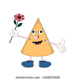 Funny cartoon yellow cone with eyes, arms and legs, holding a red flower in his hand and smiling.