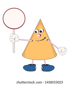 Funny cartoon yellow cone with eyes, arms and legs, holding a round plate in his hand and smiling