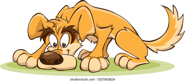 funny cartoon yellow dog sniffs the ground, vector illustration, isolated on white