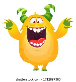 Funny cartoon yellow excited monster waving hands. Vector Halloween illustration