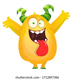 Funny cartoon yellow excited monster waving hands and showing tongue. Vector Halloween illustration