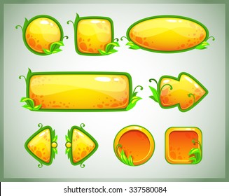 Ativos do jogo amarelo engraçado dos desenhos animados com elementos da natureza, conjunto de GUI vetorial